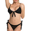 A model wears a black lace and ribbon-tie lingerie set in a stretchy scalloped lace design. 