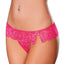 A model wears a pink UV reactive thong with scalloped lace and a little bow detail at the side split of the waistband. 