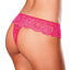 Back view of a model wearing a pink UV reactive lace thong with thong-cut bottoms. 