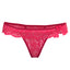 A pink UV reactive lace thong lays flat on a white backdrop featuring a floaty waistband. 