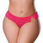 A curvy model wears a pink UV reactive thong with scalloped lace and a little bow detail at the side split of the waistband. 