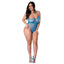 A curvy model wears a sheer blue one-shoulder design teddy with a triple gold heart chain detail on the shoulder strap. 