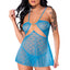 A model wears a sheer blue mesh chemise with cutouts under the bust, cleaving and inner side-boob. 