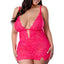 A curvy model wears a pink UV-reactive chemise with scalloped floral lace and mini pink bow details on the straps. 