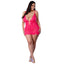 A curvy model wears a pink UV reactive chemise with a mini side split. 