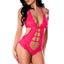 A model wears a UV reactive pink lace cutout teddy with strappy cutout details down the navel. 