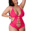 A plus size model wears a UV reactive pink lace cutout teddy with strappy cutout details down the navel. 