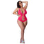 A curvy model wears a pink UV reactive lace teddy with a plunging v-neck design and wire-free triangle cups. 