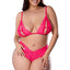 A curvy model wears a pink lace UV reactive bra and shorts with a split-cup design and ribbons to bridge the gap.  