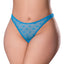 A plus size model wears a sheer mesh blue micro thong with a love heart pattern. 