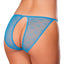 Back view of a model wearing a sheer blue mesh thong with an open rear window down the middle. 