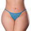 A plus size model wears a sheer blue mesh open back thong with a love heart pattern the front triangle. 