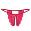 A pink UV reactive lace thong lays flat on a white backdrop and features a little pink bow in the middle of the waistband. 