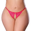 A curvy model wears a pink crotchless open back UV reactive lace panty with a crotch opening down the middle front.