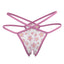 Flatlay of a purple daisy print mesh thong with a split-crotch opening. 