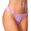 A model wears a purple UV reactive panty in a daisy print and 3D iridescent daisy chars to hold the looped elastic sides together. 