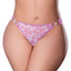 A curvy model wears a purple UV reactive panty in a daisy print and 3D iridescent daisy chars to hold the looped elastic sides together. 