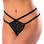 A model wears a black mesh polka dot thong with a split crotch opening. 