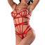 A model wears a red satin elastic strappy cut-out teddy with underwired demi-cups.