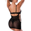 Back view of a model wearing a sheer black mini dress with side cutouts with strappy woven details and gold beading.