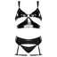 A black wet-look three piece lingerie set against a white backdrop with bikini-cut rear and low-rise panty front.