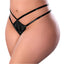 A plus size model wears a black wet-look pair of crotchless thongs with dual-strap details wrap around the hips. 