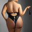 Back view of a curvy model wearing a black wet look crotchless teddy with back cutouts and silver o-rings.