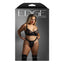 A package by Fantasy Lingerie sits against a white backdrop with a curvy model on it wearing a mesh bralette and panty.