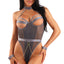 A model wears a grey mesh halter teddy with underwired open cups with cage strap details.