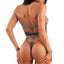 Back view of a model wearing a cup-less halter teddy with cutouts about the back thong.