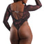 Back view of a curvy model wearing a black sheer bodysuit with a scoop neck low back and a metallic Babygirl charm. 