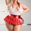 A curvy model wears a nurse sheer teddy and skirt costume featuring medical logo nipple pasties.