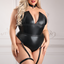 A curvy model wears a wet look cat black bodysuit with detachable thigh high garters.