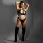 A curvy model wears a black croc print wet look bra and panty with a generous keyhole bust.