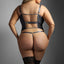 A curvy model wears a grey satin sheer bustier with snap hooks that attach and detach the cups from the shoulder straps.