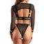 Back view of a model wearing a three piece fishnet set with cage strap hook and eye closure.