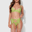 A model wears a 3 piece sheer green lingerie set with an underwire demi cup bra.