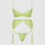 A green sheer bra, triangular garter belt and g-string against a white backdrop. 