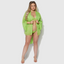 A curvy model wears a sheer green chiffon lace trim kimono robe 