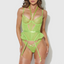 A model wears a sheer green chiffon and lace gartered bustier set with underwired cups.