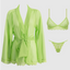 A sheer green chiffon kimono with lace trim details next to a sheer green lingerie set. 