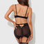 Back view of a model wearing a mesh satin bra garter skirt set with adjustable attached suspenders.