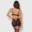 Back view of a model wearing a black mesh satin bra and garter skirt with an opaque satin rear hem.