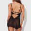 Back view of a model wearing a sheer black satin chemise with adjustable shoulders + dual back straps and suspenders.