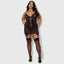 A plus size model wears a sheer black satin chemise with underwired cups.