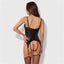 Back view of a model wearing a sheer black bustier with a longline rear hook-and-eye closure.