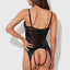 Back view of a model wearing a sheer black satin bustier with an open rear.