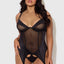 A curvy model wears a black satin bustier with cutout panty combining sheer mesh and satin microfibre panels.