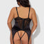 Back view of a plus size model wearing a sheer black satin bustier with an open rear.