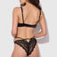 Back view of a model wearing a 2 piece black lace lingerie set featuring adjustable shoulder straps and hook-and-eye closures.